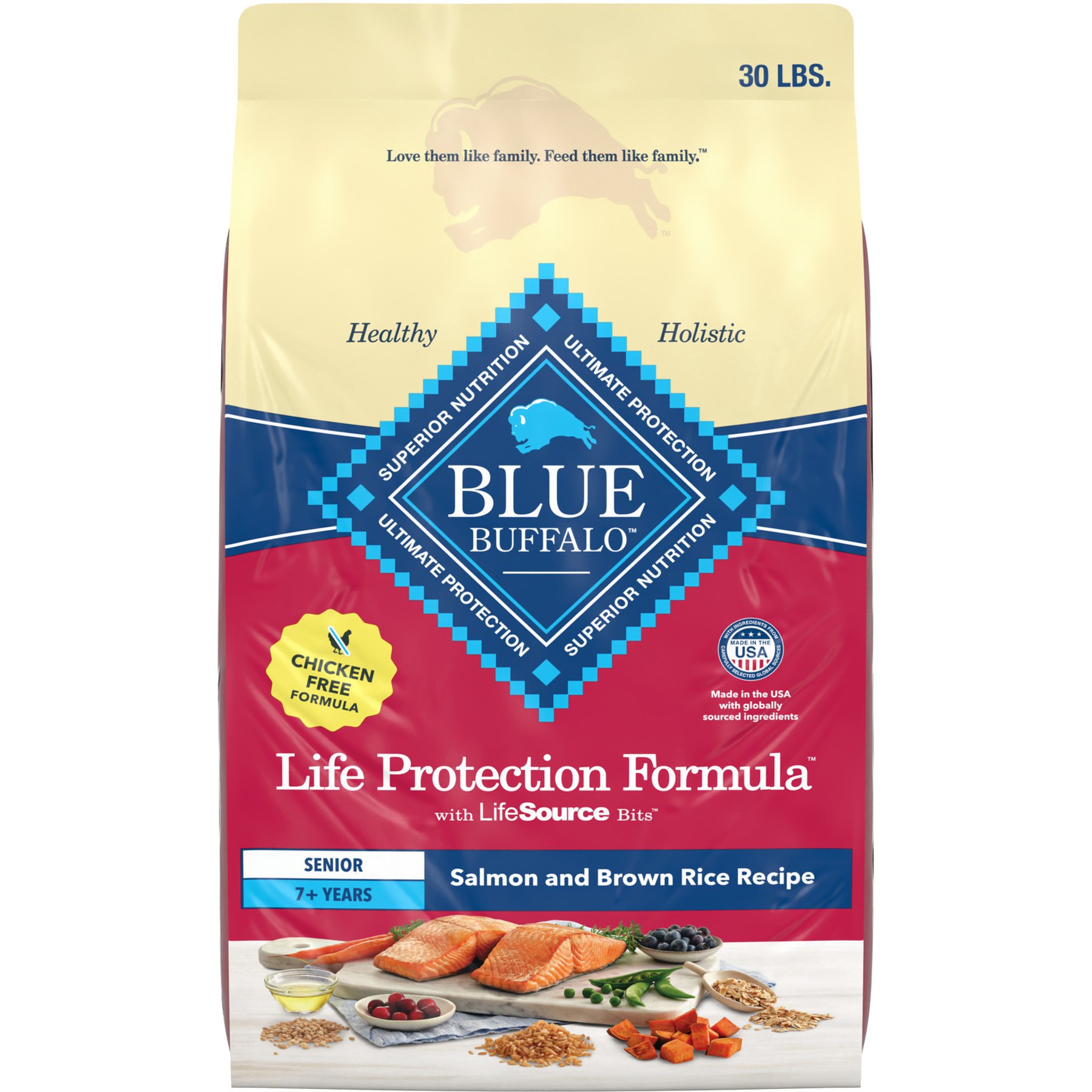 Blue Buffalo Life Protection Formula Senior Chicken-Free Salmon & Brown Rice Recipe Dry Dog Food, 30-lb bag