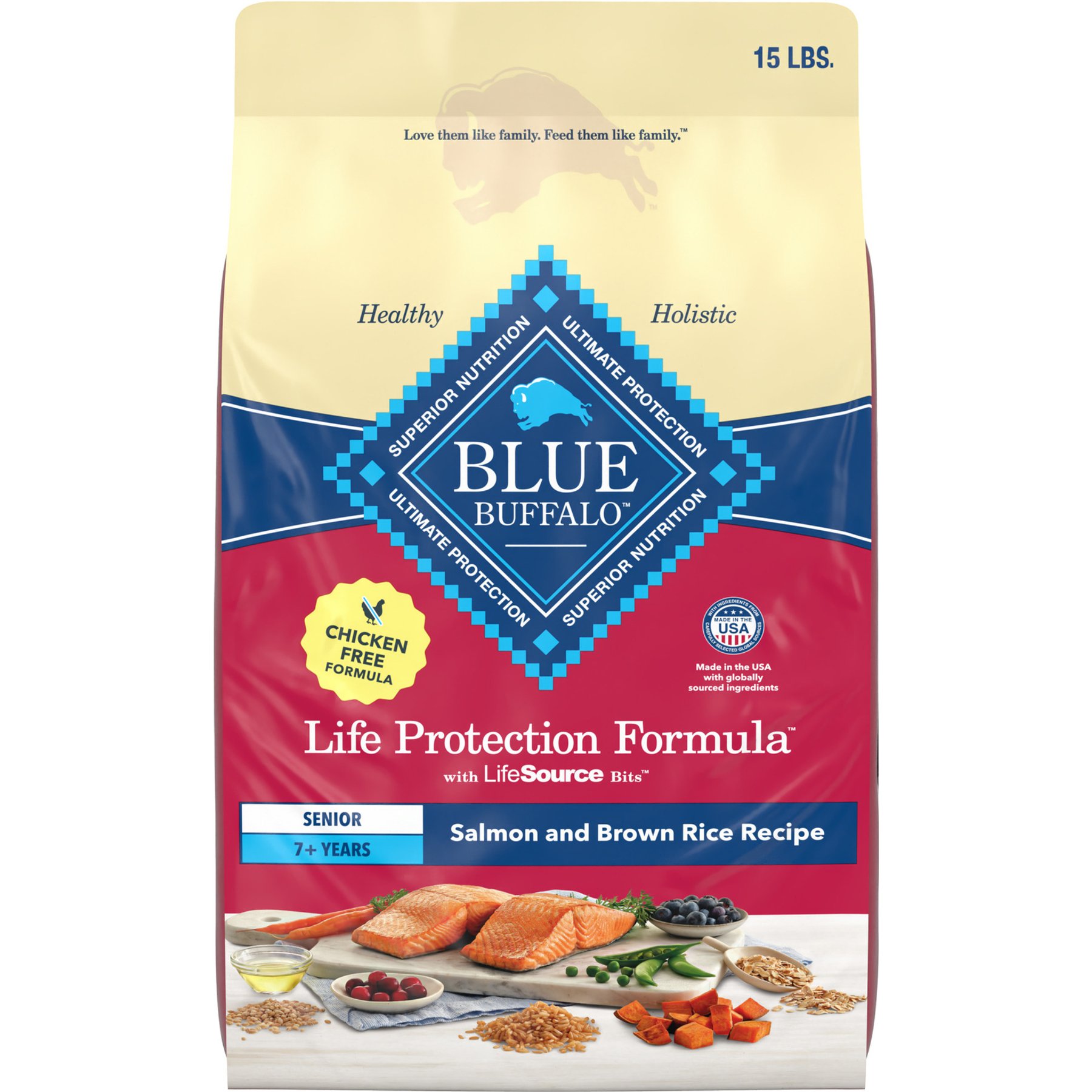 Blue Buffalo Life Protection Formula Senior Chicken-Free Salmon & Brown Rice Recipe Dry Dog Food, 15-lb bag