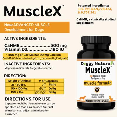 Show full view: MuscleX Canine Muscle Formula 500mg with CaHMB & Vitamin D3 Capsule Joint Supplement for Dogs & Cats, 90 count slide 3 of 10