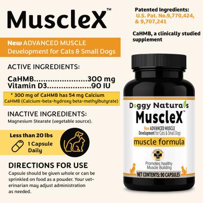 Show full view: MuscleX Canine Muscle Formula 300mg with CaHMB & Vitamin D3 Capsule Joint Supplement for Dogs & Cats, 90 count slide 3 of 10