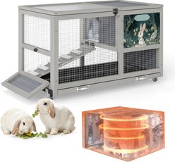Coziwow 36.5-Inch Double-Decker Wooden Insulated Rabbit Hutch with Wheels, Grey slide 2 of 9
