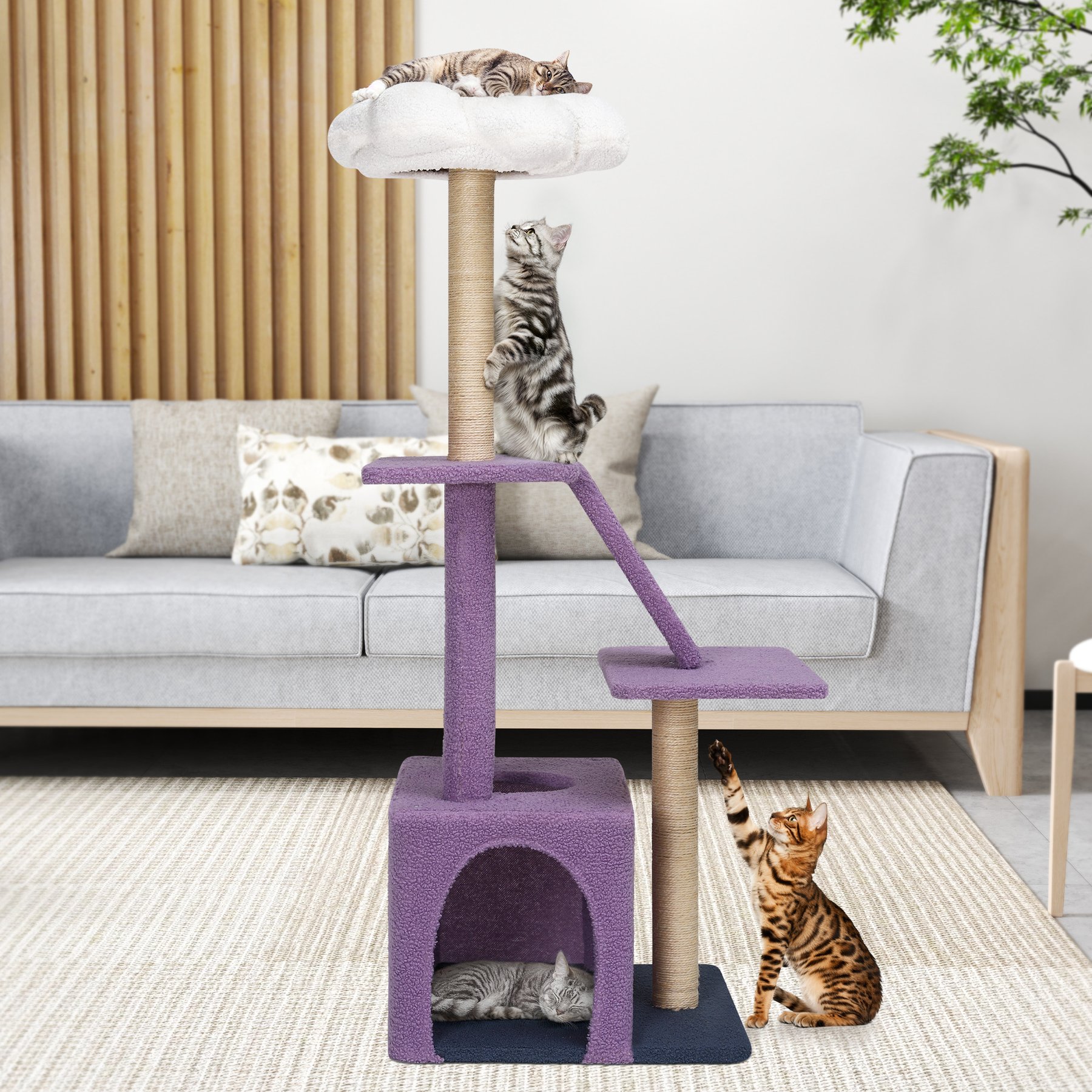 Wooflex 65-in Tall Fleece Flower Cat Tree Tower & Condo Basket with Tunnel, Sisal Scratching Posts & Board, Pink/Green