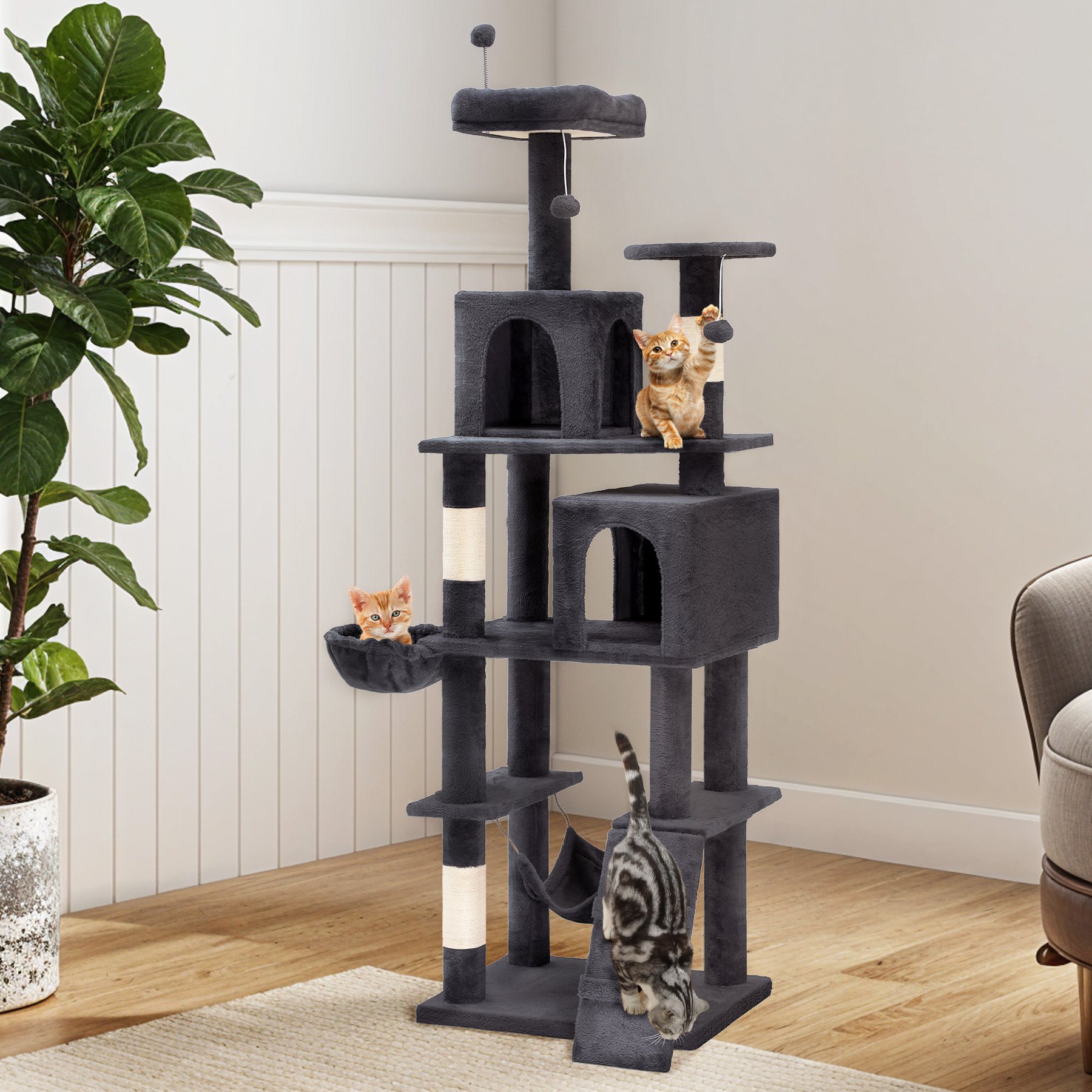 Wooflex Indoor 44-in Fleece Cat Tree Tower & Condo with Scratching Posts & Hammock, Light Gray