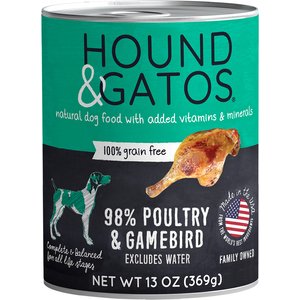 Hound & Gatos 98% Gamebird Poultry Grain-Free Dog Food, 13-oz, case of 12