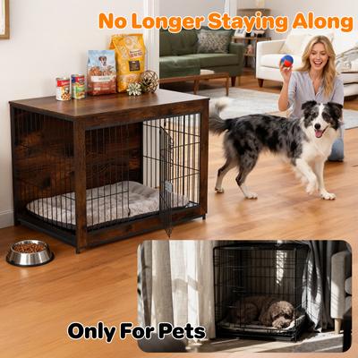 Show full view: Xbrigh Indoor Indestructible Escape-Proof Locks Wooden Double Door Furniture Style End Table Dog Crate, Aged Black, Medium: 38 inch slide 7 of 10