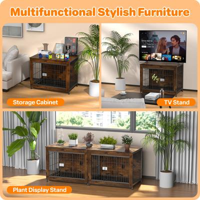 Show full view: Xbrigh Indoor Indestructible Escape-Proof Locks Wooden Double Door Furniture Style End Table Dog Crate, Aged Black, Small: 32 inch slide 3 of 10