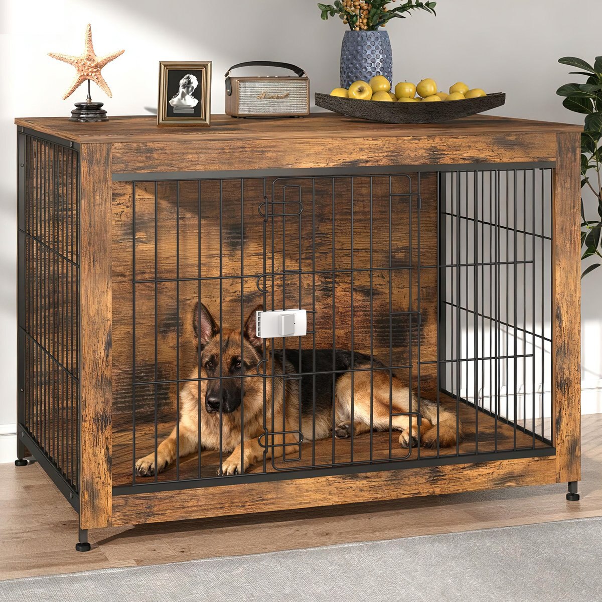 Xbrigh Indestructible Escape-Proof Locks Wooden Double Door Furniture Style End Table Dog Crate, Aged Black, Large: 43 inch