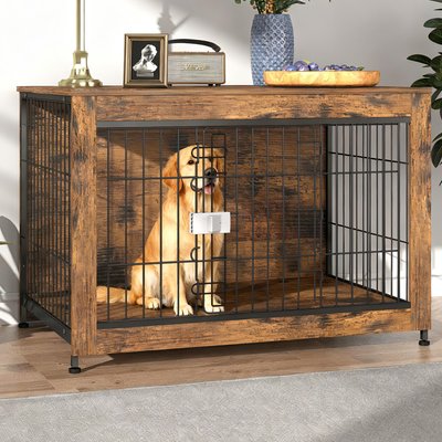 Xbrigh Xbrigh Indestructible Escape-Proof Locks Wooden Double Door Furniture Style End Table Dog Crate, Aged Black, Medium: 38 inch