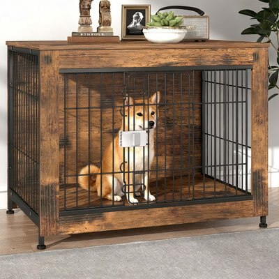 Xbrigh Xbrigh Indestructible Escape-Proof Locks Wooden Double Door Furniture Style End Table Dog Crate, Aged Black, Small: 32 inch