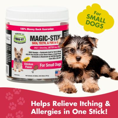 Show full view: Liquid-Vet MAGIC-STIX Skin, Teeth & Fun in One Chicken Flavor Chew Supplement for Small Dogs, 30 count slide 3 of 10