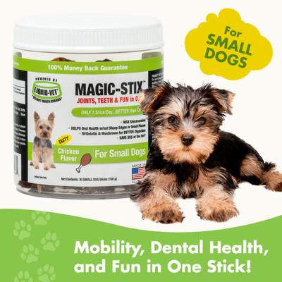 Show full view: Liquid-Vet MAGIC-STIX Joints, Teeth & Fun in One Chicken Flavor Chew Supplement for Small Dogs, 30 count slide 3 of 10