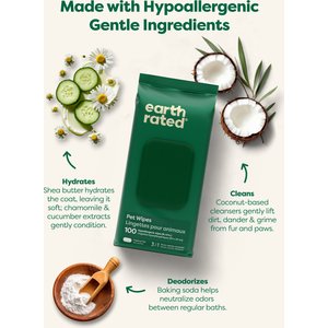 Earth Rated Thick Hypoallergenic 3-in-1 Pet Grooming Wipes, Unscented, 100 count