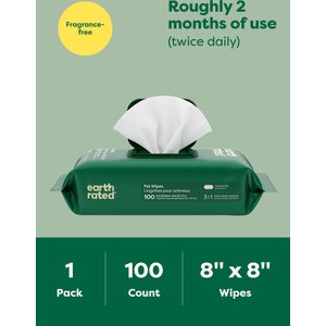 Earth Rated Thick Hypoallergenic 3-in-1 Pet Grooming Wipes, Unscented, 100 count