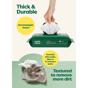 Earth Rated Thick Hypoallergenic 3-in-1 Pet Grooming Wipes, Unscented, 100 count