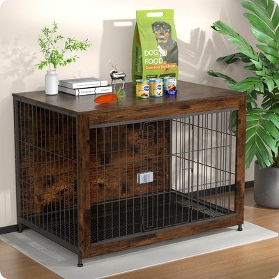 Xbrigh Xbrigh Indoor Indestructible Escape-Proof Locks Wooden Double Door Furniture Style End Table Dog Crate, Aged Black, Large: 43 inch