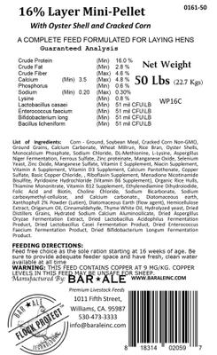 Show full view: Bar ALE 16% Protein Layer Mini-Pellet with Oyster Shell & Cracked Corn Chicken Feed, 50-lb bag slide 3 of 6