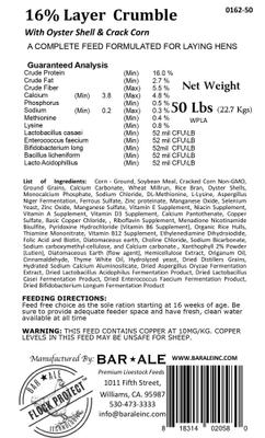 Show full view: Bar ALE 16% Protein Layer Crumble with Oyster Shell & Cracked Corn Chicken Feed, 50-lb bag slide 4 of 6