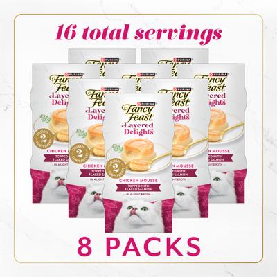 Show full view: Fancy Feast Layered Delights Chicken Mousse Topped with Flaked Salmon Lickable Cat Treats, 8 count slide 3 of 10