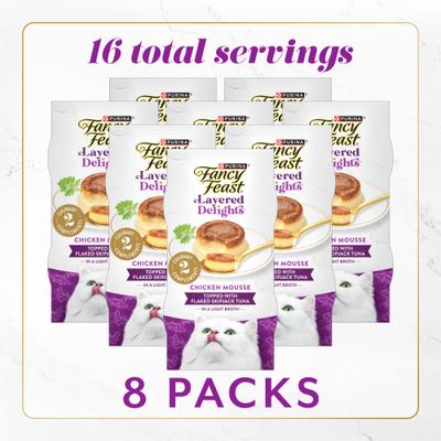 Show full view: Fancy Feast Layered Delights Chicken Mousse Topped with Flaked Skipjack Tuna Lickable Cat Treats, 8 count slide 3 of 10