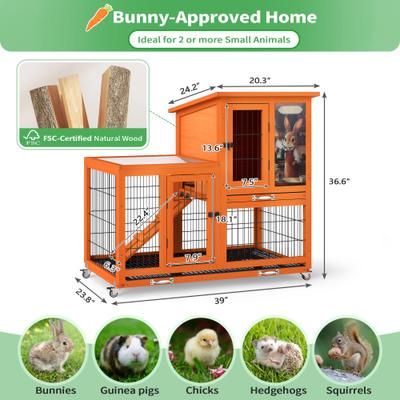 Show full view: Coziwow 2-Tier Outdoor & Indoor Wooden Rabbit Hutch with Wheels & Pull-Out Trays, 38.98-L, Orange slide 2 of 9