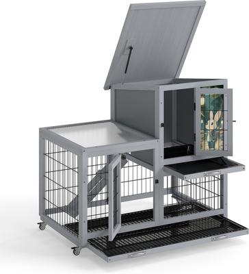 Show full view: Coziwow 2-Tier Outdoor & Indoor Wooden Rabbit Hutch with Wheels & Pull-Out Trays, 38.98-L, Gray slide 9 of 9