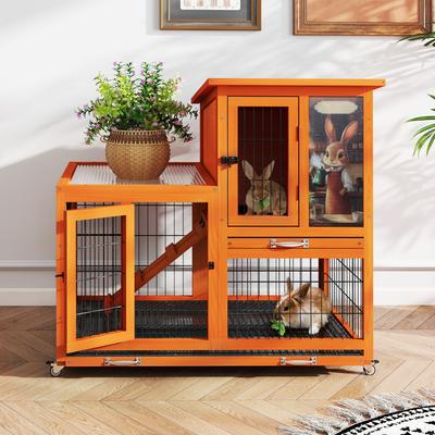 Show full view: Coziwow 2-Tier Outdoor & Indoor Wooden Rabbit Hutch with Wheels & Pull-Out Trays, 38.98-L, Orange slide 7 of 9