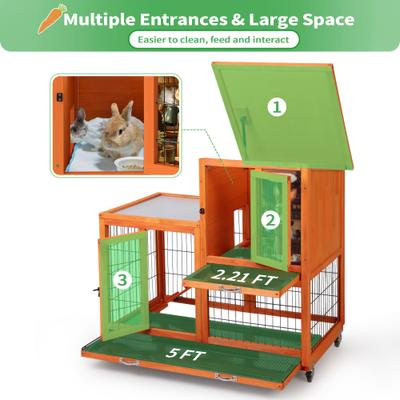 Show full view: Coziwow 2-Tier Outdoor & Indoor Wooden Rabbit Hutch with Wheels & Pull-Out Trays, 38.98-L, Orange slide 3 of 9