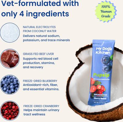 Show full view: PupSip Electrolyte & Hydration Support Berry Boost Flavored Powder Supplement for Dogs, 12 count slide 4 of 12