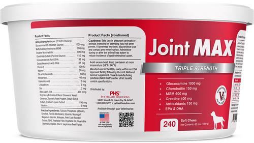 Show full view: Joint MAX Triple Strength Soft Chews Hip Dysplasia & Arthritis, Glucosamine Supplement for Dogs, 240 count slide 3 of 14