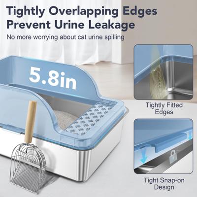 Show full view: UPSKY Stainless Steel Leak-Proof & Non-Stick Cat Litter Box with Lid, Scoop & Mat, X-Large, Blue slide 5 of 9