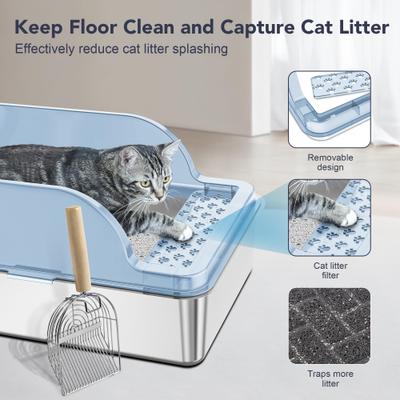 Show full view: UPSKY Stainless Steel Leak-Proof & Non-Stick Cat Litter Box with Lid, Scoop & Mat, X-Large, Blue slide 6 of 9