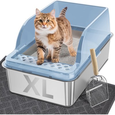 UPSKY UPSKY Stainless Steel Leak-Proof & Non-Stick Cat Litter Box with Lid, Scoop & Mat, X-Large, Blue