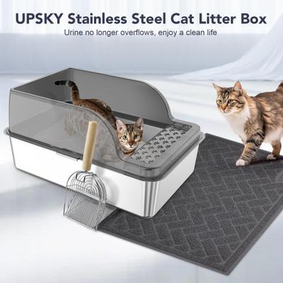 Show full view: UPSKY Stainless Steel Leak-Proof & Non-Stick Cat Litter Box with Lid, Scoop & Mat, X-Large, Grey slide 7 of 8