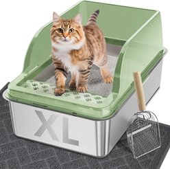 UPSKY Stainless Steel Leak-Proof & Non-Stick Cat Litter Box with Lid, Scoop & Mat, X-Large, Fruit Green