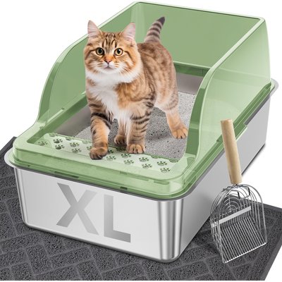 UPSKY UPSKY Stainless Steel Leak-Proof & Non-Stick Cat Litter Box with Lid, Scoop & Mat, X-Large, Fruit Green