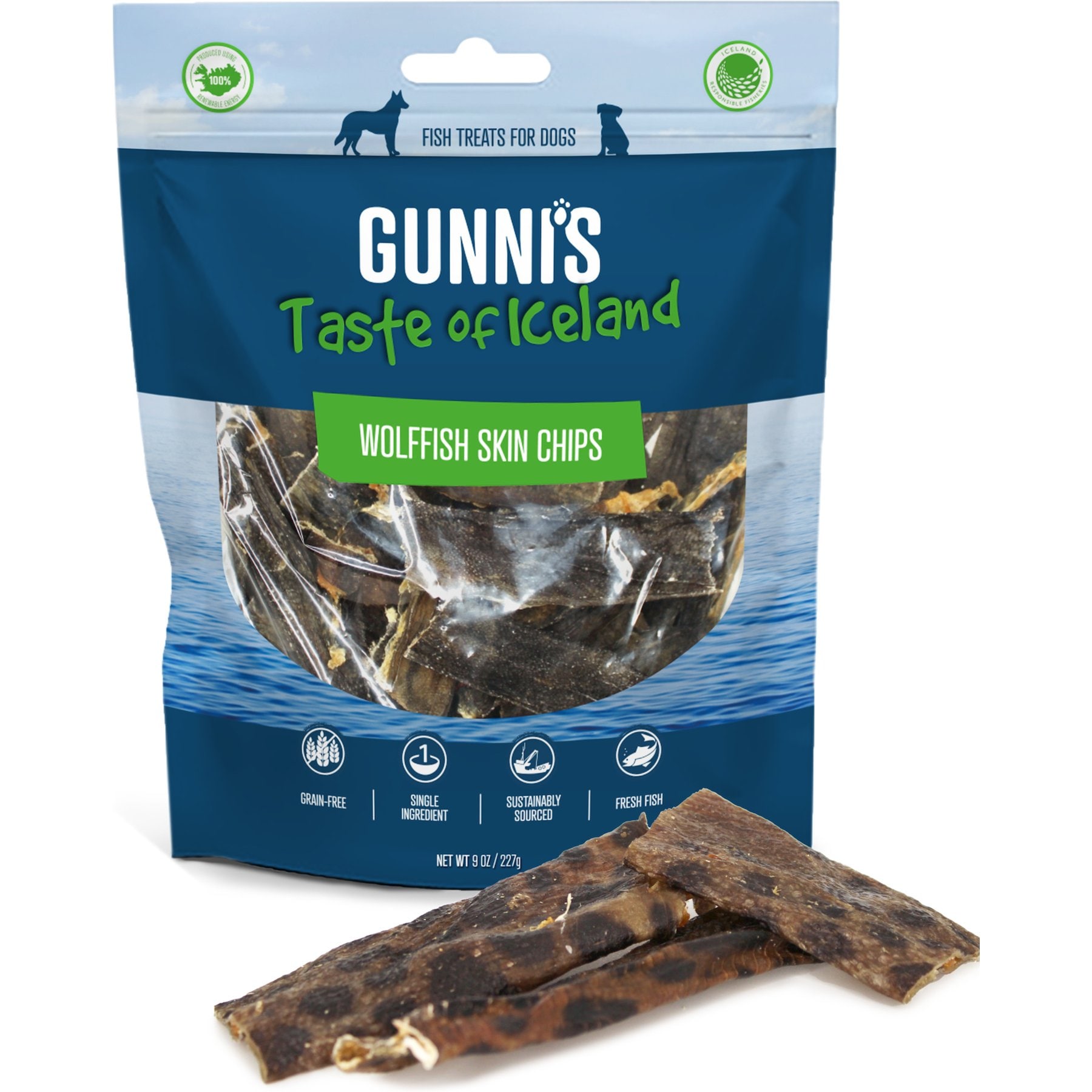 Gunnis Taste of Iceland Wolffish Skin Chips Dehydrated Dog Treats, 9-oz bag