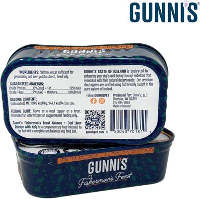 Show full view: Gunnis Taste of Iceland Salmon & Cod Liver Recipe with Kelp Wet Dog Food Topper, 4.5-oz can, case of 12 slide 3 of 5