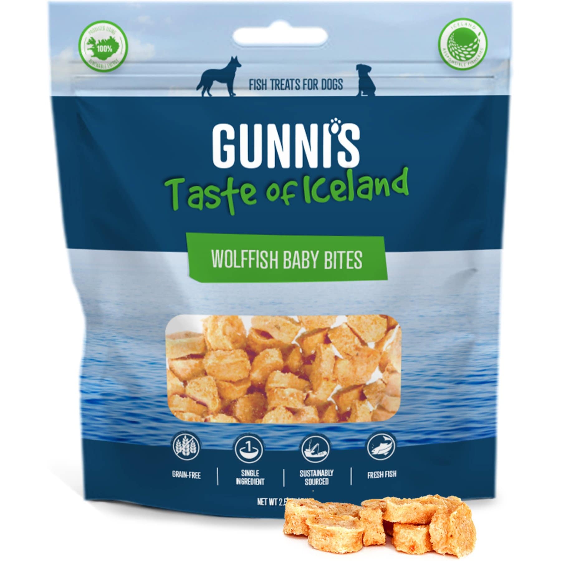 Gunnis Taste of Iceland Wolffish Baby Bites Dehydrated Dog Treats, 2.5-oz bag