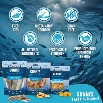 Show full view: Gunnis Taste of Iceland Cod Skin Shorties Dehydrated Dog Treats, 2.5-oz bag slide 5 of 5