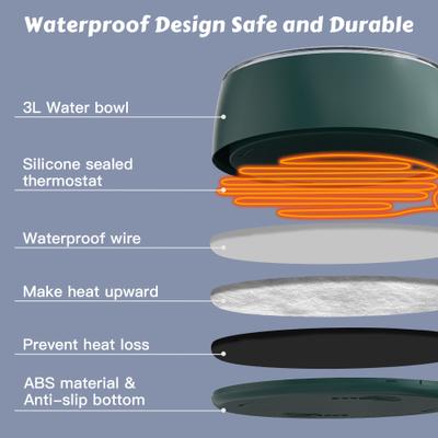 Show full view: UPSKY Outdoor Waterproof Smart Heated Non-Skid Acrylonitrile Butadiene Styrene Slow Feeder Dog & Cat Water Bowl with Chew Resistant Cord, Green, Large: 3-L slide 5 of 8