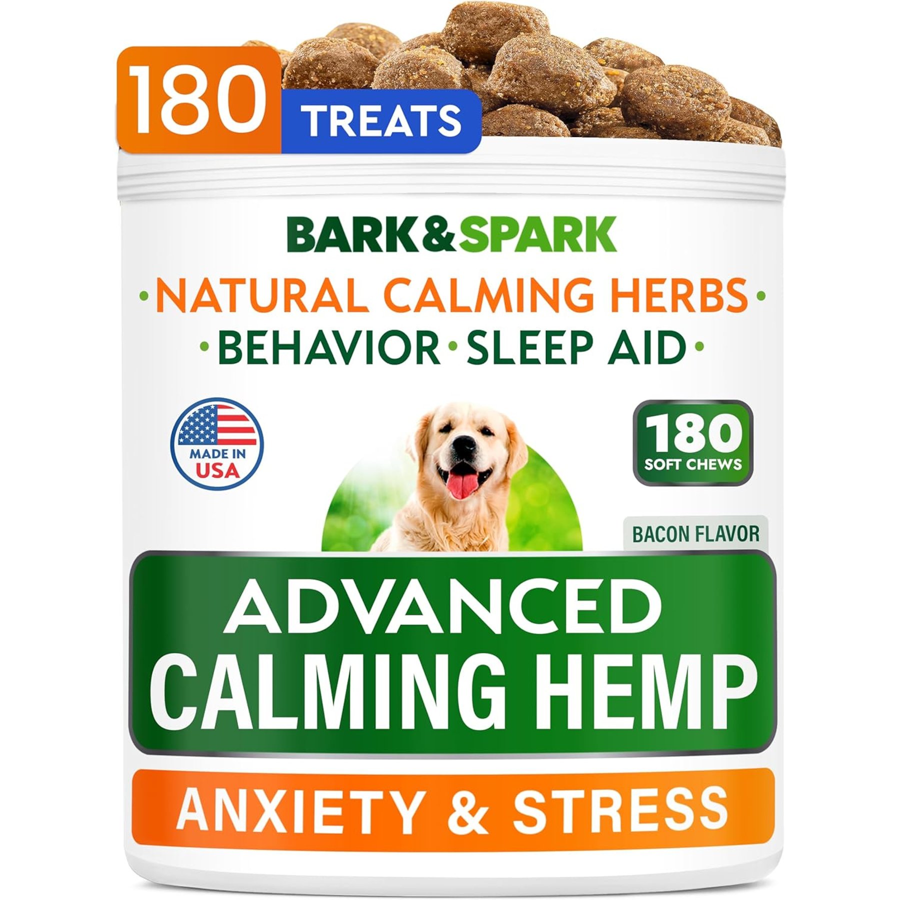 Bark&Spark Hemp Bacon Flavored Soft Chew Anxiety & Stress Relief Treats Calming Support Supplement for Dogs, 180 count