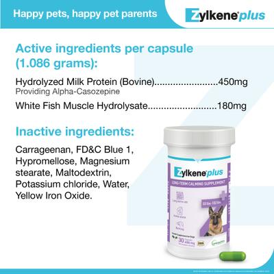 Show full view: Vetoquinol Zylkene Plus 450-mg Capsules Calming Supplement for Dogs, 30 count slide 7 of 11