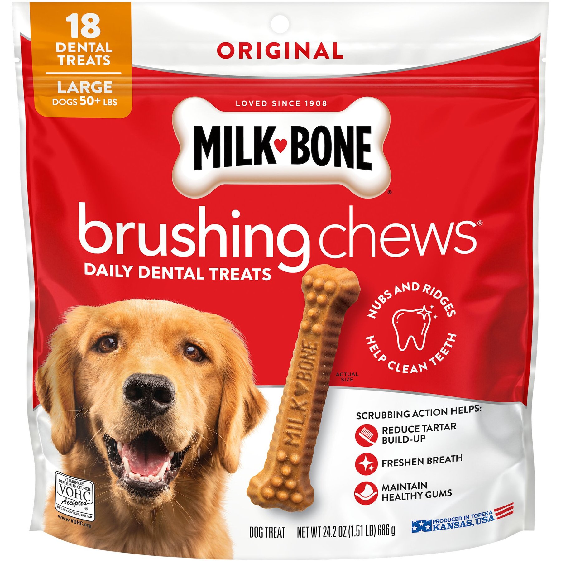 Milk-Bone Brushing Chews Large Original Chicken Flavored Daily Dental Dog Treats, 18 count