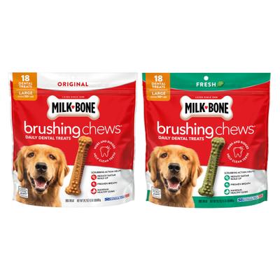 Show full view: Milk-Bone Original Brushing Chews + Fresh Breath Brushing Chews Daily Dental Large Dog Treats slide 1 of 9