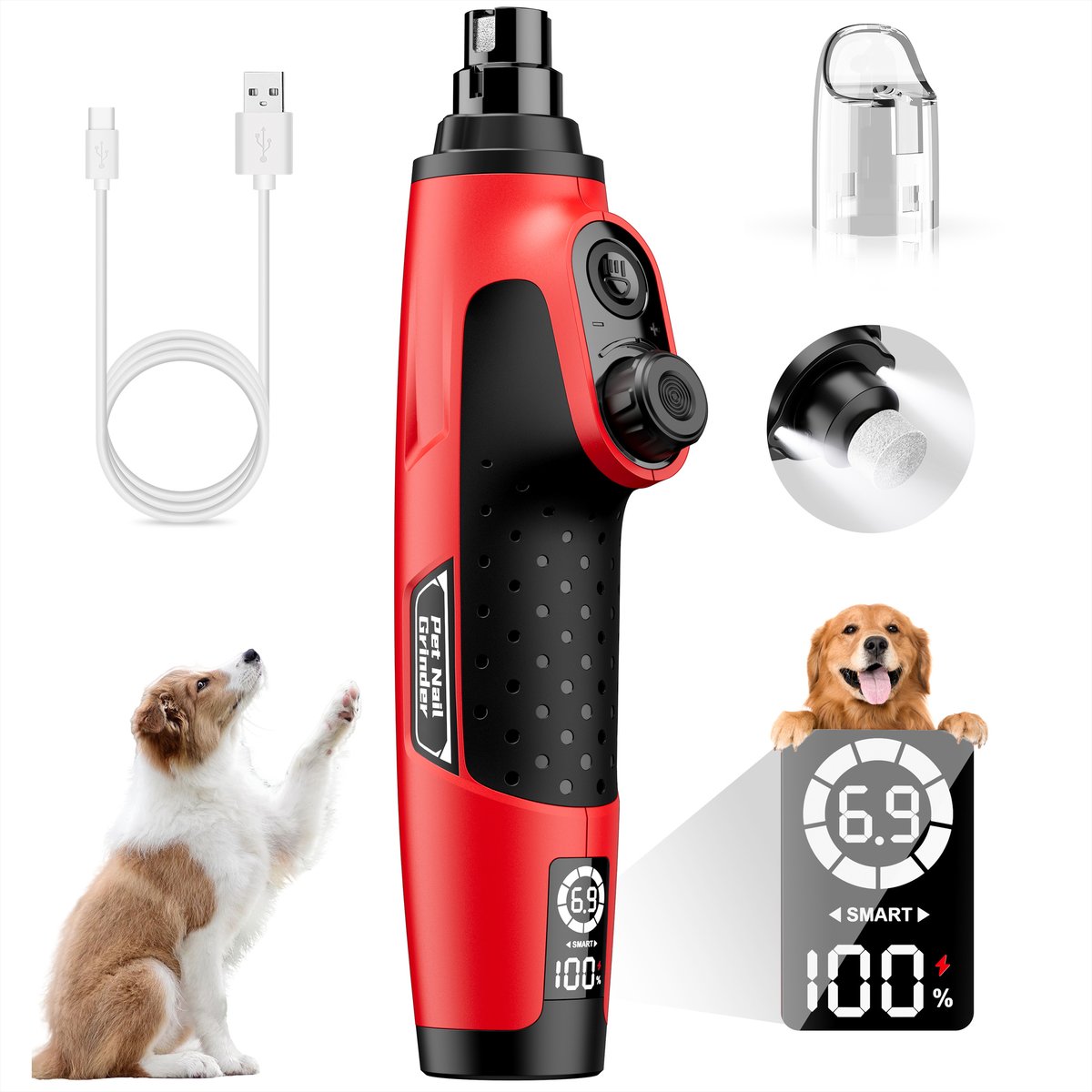Bousnic Smart 6-Speed Quiet Cat & Dog Nail Grinder, Red