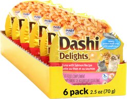 Inaba Dashi Delights Tuna with Salmon Recipe in Broth Grain-Free Cat Food Topping, 2.5-oz cup, case of 6