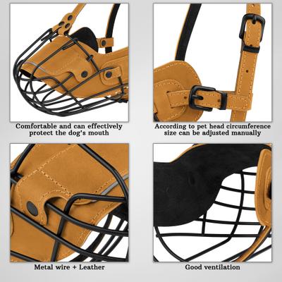 Show full view: OOPSDOGGY Breathable Secure Basket Leather Metal Reflective Pitbull Dog Muzzle, Camel slide 3 of 8