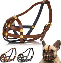 OOPSDOGGY Breathable Secure Basket Leather French Bulldog Dog Muzzle, Brown