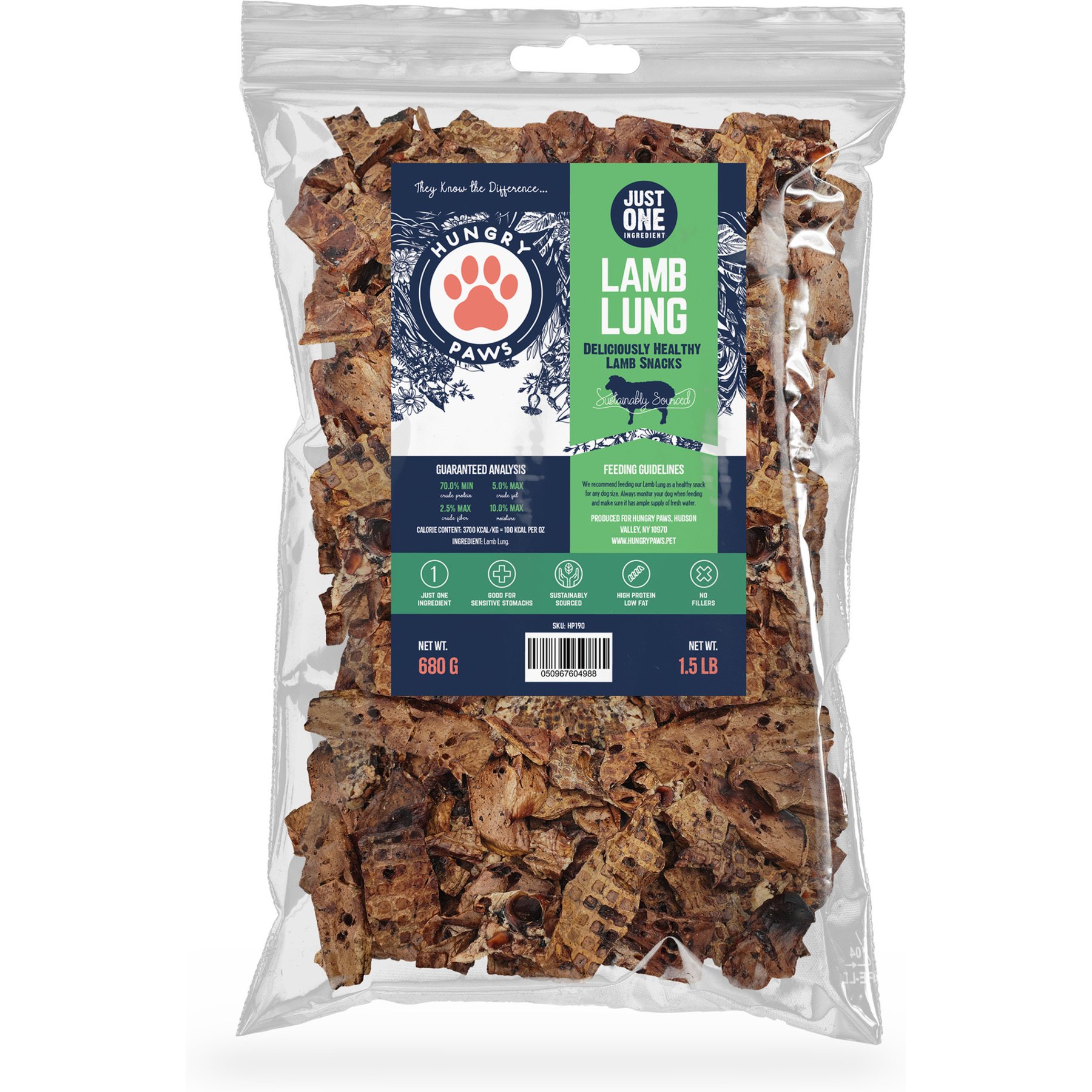 Hungry Paws Light & Crunchy Lamb Lung Single-Ingredient Air-Dried Dog Treats, 1.5-lb bag