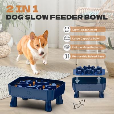 Show full view: UPSKY 2-in-1 Raised Non-Skid Plastic Slow Feeder Dog Bowl with Anti-Choking Maze Puzzle, Blue, 6-cup slide 4 of 9